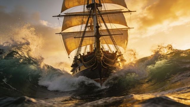Square-rigged tall ship cutting through golden waves at sunset, ornate bow and dramatic ocean spray