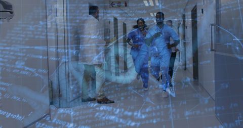 Surgeons Rushing in Hospital Overlaid with DNA and Data Concepts