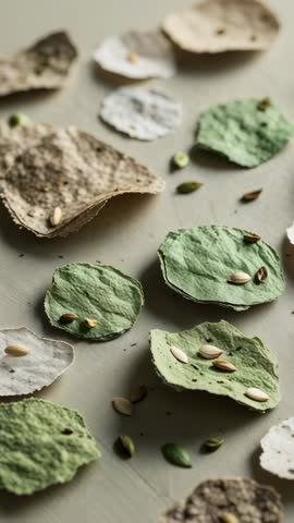 Vertical video focusing on seed paper discs, scattered seeds, natural texture, eco craft