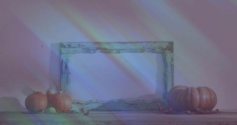 Rustic distressed frame with pumpkins and prism light - autumn farmhouse still life