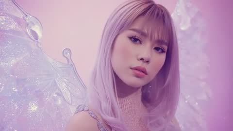 Ethereal Fashion Pose with Iridescent Wings in Dreamy Studio