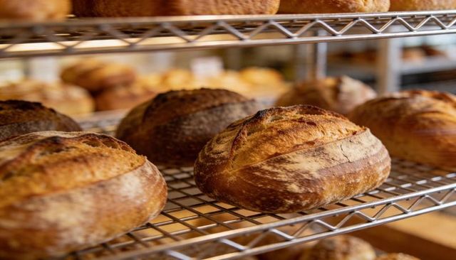 Artisanal sourdough loaf cooling on steel rack with golden crust and flour dusting