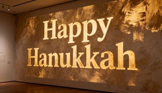 Happy Hanukkah Projection on Gallery Wall with Gold Brushstroke Texture