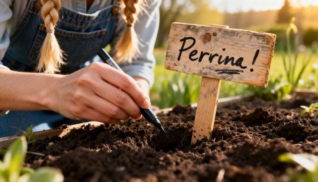 Gardener writing wooden plant marker perrina in raised bed at golden hour