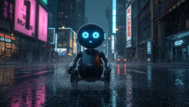 Mini round-headed robot glowing blue eyes navigating neon rainy city street at night