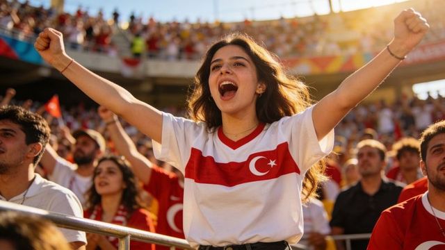 Young turkish football fan cheering in stadium, raising arms in warm sunlit crowd