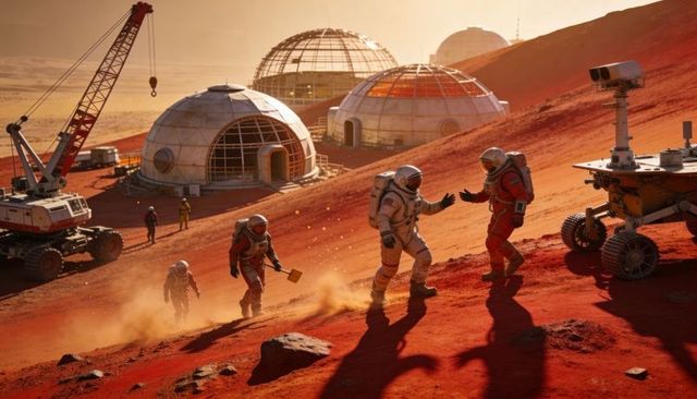 Mars colony team exchanging sample tool on red slope near geodesic domes and rover