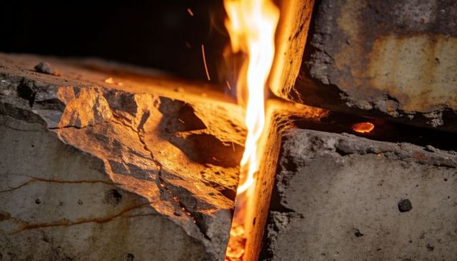 Flame rising through crevice of stacked concrete blocks, sparks and ember glow