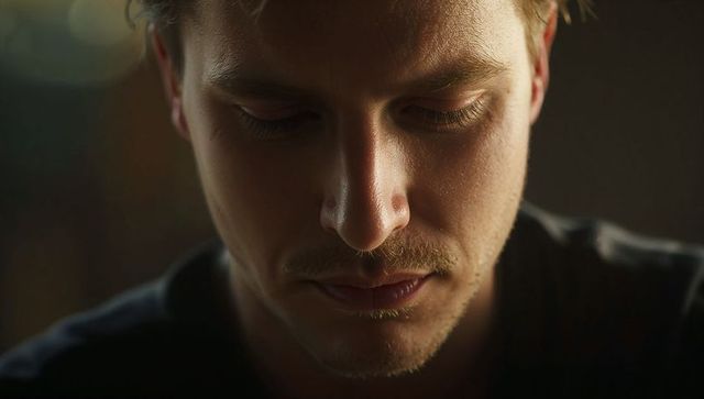 Contemplative young man lowering gaze in warm low light closeup portrait with stubble