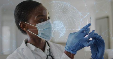 Clinician preparing vaccine syringe with digital globe data overlay wearing mask and gloves