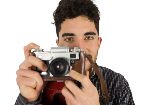 Transparent man with vintage camera taking a photo close up - Download Free Stock Videos Pikwizard.com