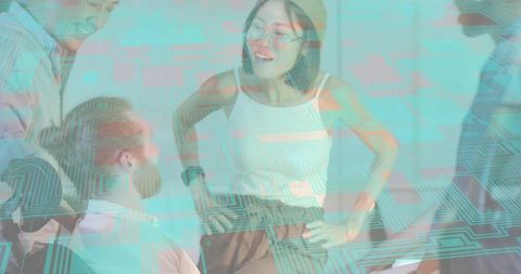 Young woman leading creative tech brainstorming with diverse team and circuit pattern overlay