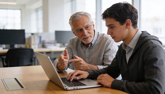 Senior Mentor Guiding Young Developer on Laptop in Open Office Mentoring Session Teamwork