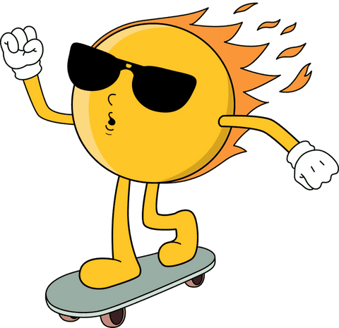 Energetic cartoon sun skateboarding with cool sunglasses