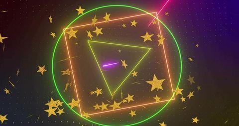Pulsing neon geometry gold stars: glowing triangle play arrow inside rotated square orb