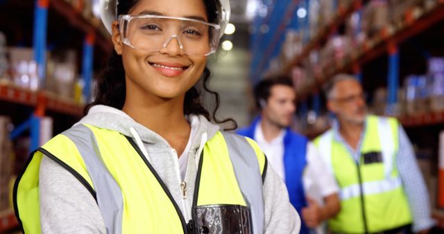 Smiling woman in high visibility vest and safety glasses standing in a warehouse. Ideal for promoting worker safety, industrial jobs, logistics management, and teamwork environments.