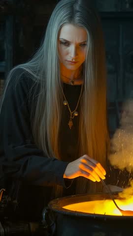 Witch stirring glowing potion in cauldron during ritual alchemy workshop vertical video