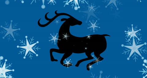 Festive Reindeer Silhouette with Snowflakes on Blue