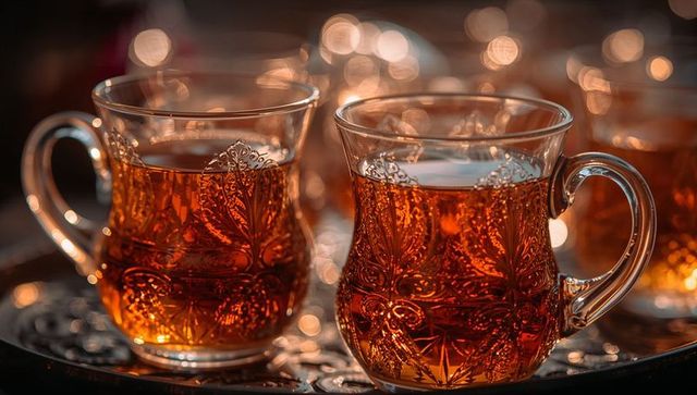 Glowing etched glass tea cups on ornate metal tray with warm amber bokeh