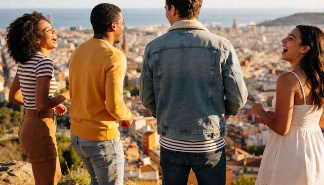 Laughing friends enjoying coastal city view at golden hour overlook