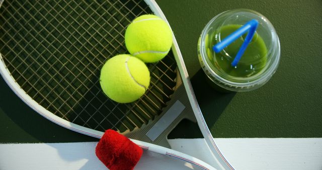 Image depicts a tennis racquet, two tennis balls, a wristband, and a green smoothie with a straw on a court. Good for illustrating themes of sports, health, fitness, tennis activities, and refreshment during exercise. Suitable for articles about tennis, nutrition, wellness, and outdoor sports activities.