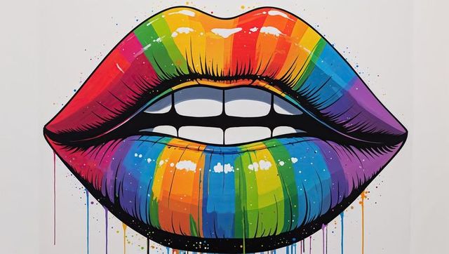 Vibrant rainbow lips mural with glossy paint drips