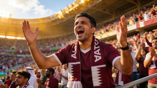 Passionate football fan cheering, raising arms wearing maroon scarf and jersey at stadium
