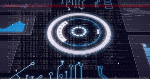 Holographic Circular HUD Reticle with Hex Data and Futuristic Circuitry Interface