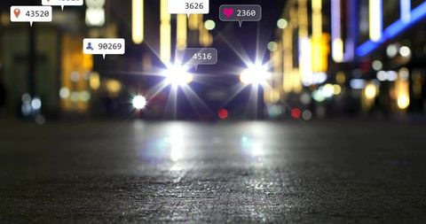 Stylish night street with car headlights and social media animations