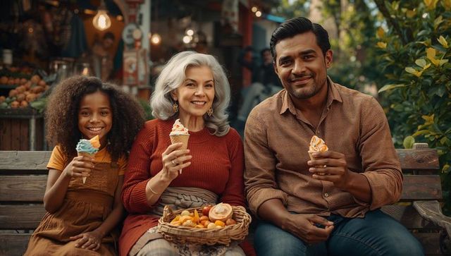 Happy multigenerational family eating ice cream outdoors