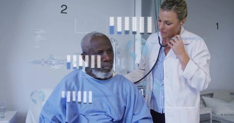 Doctor listening to senior black patient with stethoscope and medical data overlay