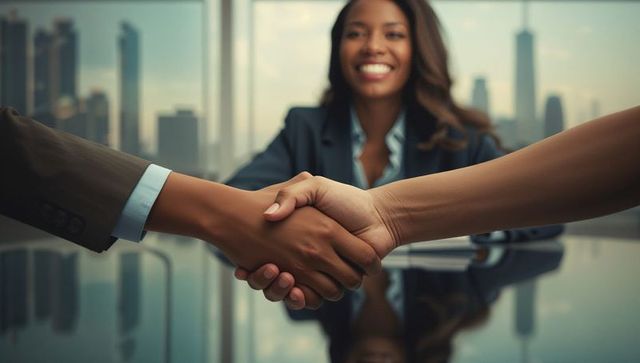 Business agreement sealed with handshake in high-rise office