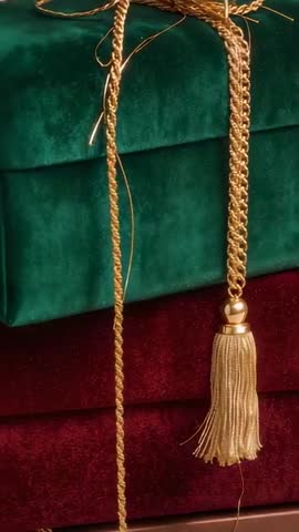 Vertical video showing gold tassel swinging over emerald and burgundy velvet boxes