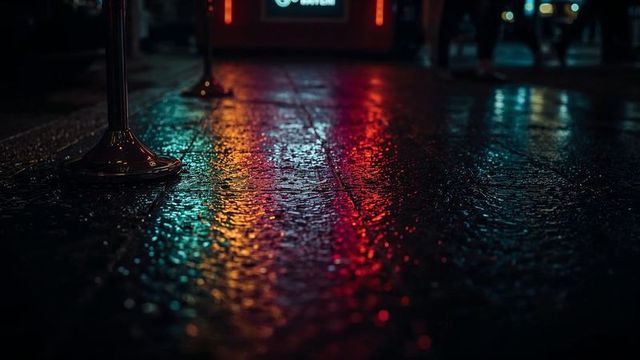 Neon reflections on wet sidewalk in urban night scene