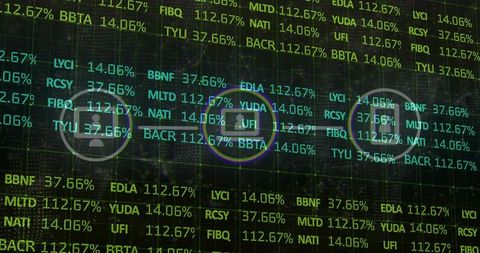 Securing digital finance dashboard displaying neon tickers, padlock and user icons