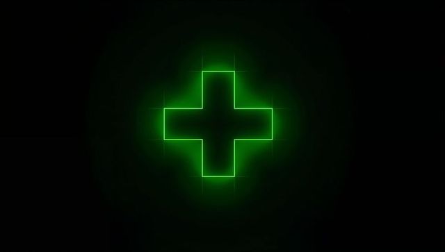 Neon green glowing medical cross with halo and lens flares for futuristic health design