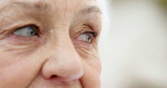 Close-up of a senior Caucasian woman's face, showing one eye and part of her nose and mouth, with copy space. Her expression is gentle and contemplative, suggesting wisdom and a lifetime of experiences.