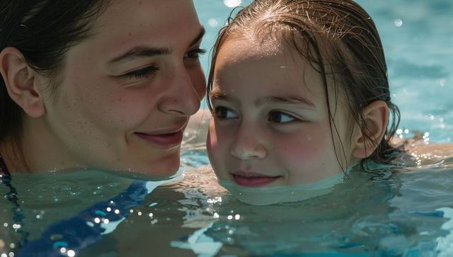 Closeup of caregiver teaching child to float in sunlit pool, smiling faces, water reflections