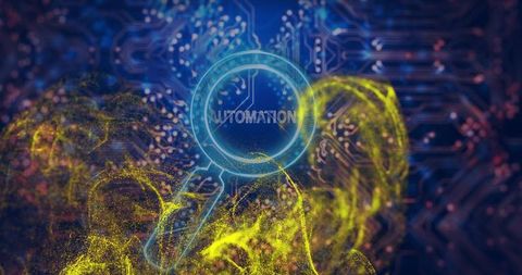 Cyan magnifier over digital circuitry highlighting automation, neon particle flow futuristic
