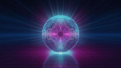 Hovering Holographic Sphere Glowing Over Neon Grid With Cybernetic Circuit Core