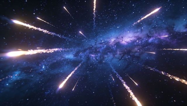 Streaming meteors converging through galactic band with luminous particle trails