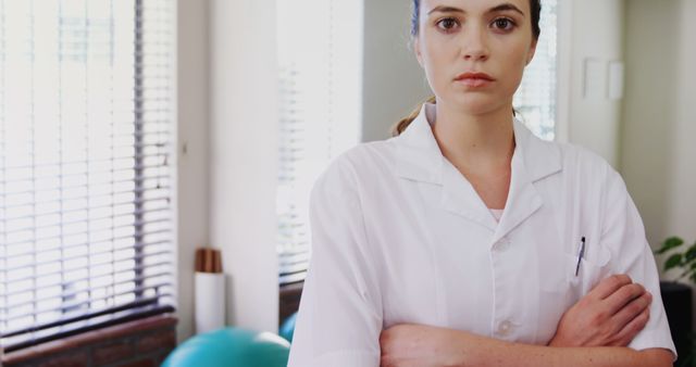 Image shows a young female healthcare professional in a white coat standing with her arms crossed. She displays a serious expression, conveying confidence and determination. This image is ideal for use in health, medical, and professional-related articles, promotional materials, or websites emphasizing the professionalism and confidence of medical staff.