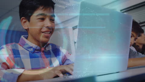 Smiling Boy with Laptop and Digital Data Overlay in Classroom