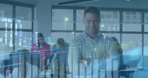 Team Collaboration with Futuristic Data Visualization Display