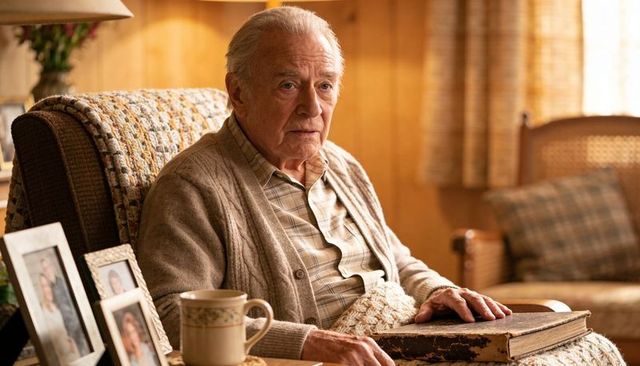 Senior man sitting in cozy armchair holding book and crocheted afghan in sunlit living room