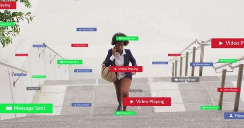 Businesswoman walking up urban stairs talking on smartphone surrounded by social media notifications