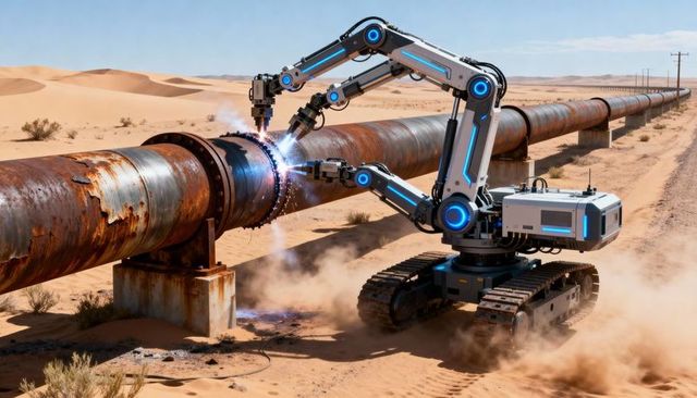 Tracked robot welding rusted pipeline joint in desert with sparking robotic arms