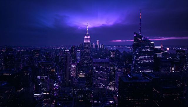 Illuminated New York City Skyline at Night with Neon Purple Glow