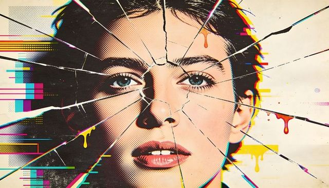 Fractured pop art portrait of woman with halftone dots, radial cracks and neon glitches
