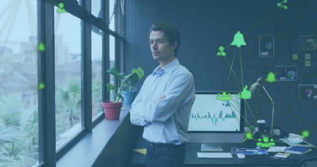 Pensive Businessman Watching from Window in Modern Office with Digital Data Overlay - Download Free Stock Images Pikwizard.com